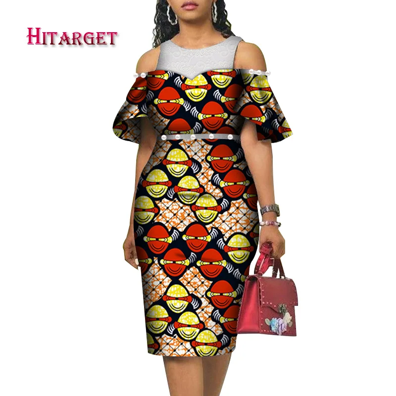 

african clothes for women Sexy Leaky Shoulder Knee Dress danshiki african print dresses with lace and pearl for party WY4104