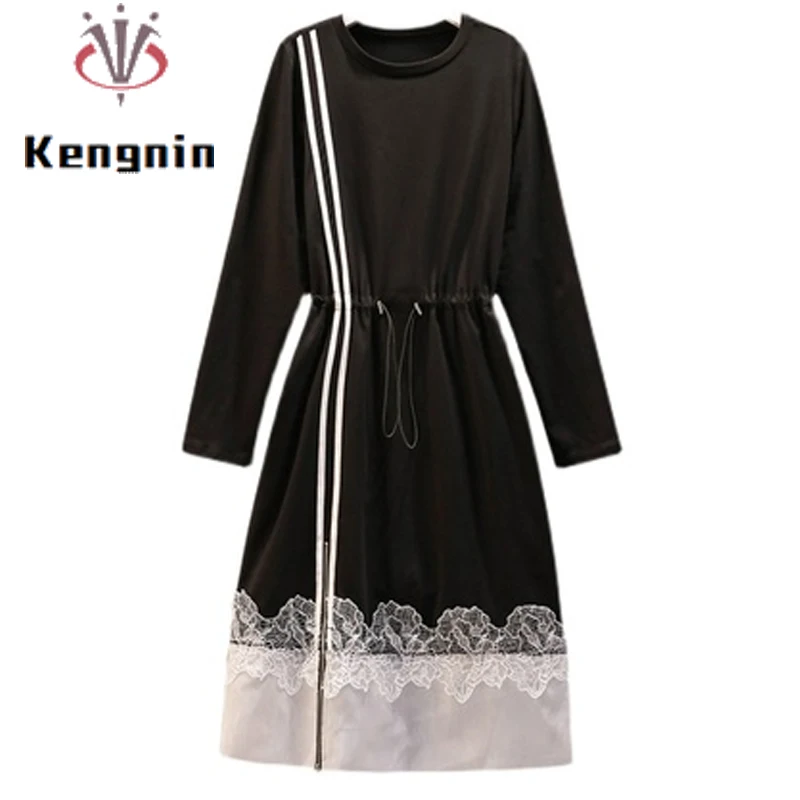 

Autumn Office Lady Work Sashes Black Dress Loose 5XL Oversize Hoodies Patchwork Lace Women Dress Robe Female Clothing KE1875