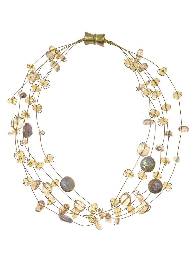

FoLisaUnique 5 Strands Of Floating Citrine Necklace With Coin Pearls Crystals Magnetic Clasp Trendy For Women Girls Gift 18 Inch