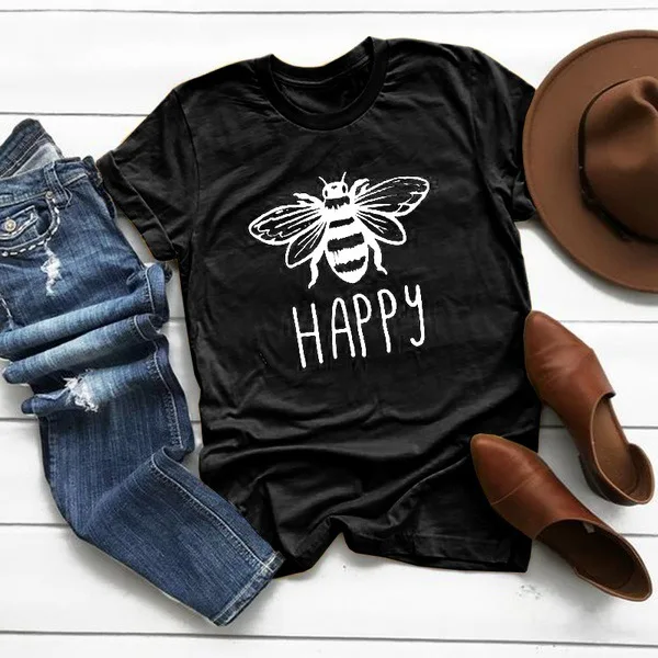 

Summer Plus Size Women Tshirt Round Neck Bee Kind Print T-shirts Short Sleeve Casual Fashion HAPPY Letter Print Female Tops
