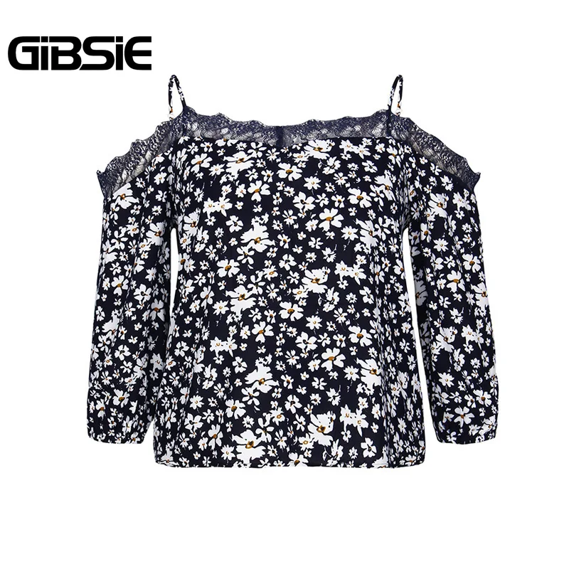 Женская блузка GIBSIE размера плюс с цветочным принтом и кружевной вставкой осенняя