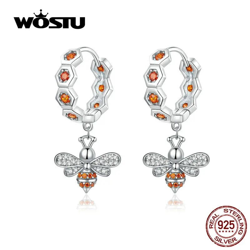 WOSTU Настоящее 925 пробы, серебряные серьги в виде пчелы,, красные и серебряные CZ классические серьги в виде пчел для женщин, ювелирные изделия CTE181