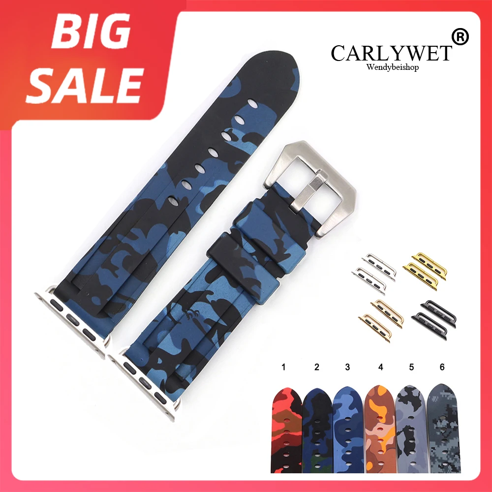 

CARLYWET 38 40 42 44mm Camo Blue Red Waterproof Silicone Rubber Replacement Wrist Watch Band Loops For Iwatch Series 4/3/2/1
