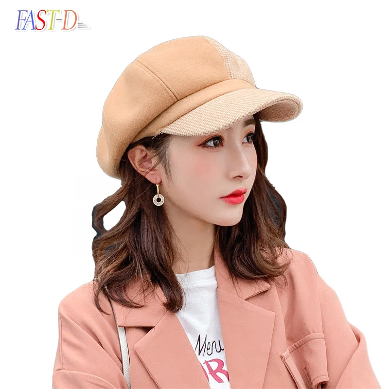 

FSAT-D Hat Woman Kpop Tide Japanese Autumn Winter Color Matching painter's Octagonal Hat British Retro Fashion Wild Beret