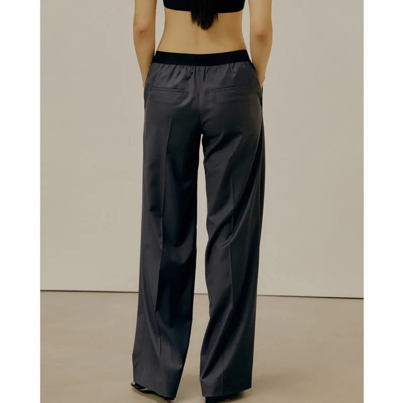 [DEAT] High Elastic Waist Trousers New Loose Pants Women Black Patchwork Office Lady Befree Fashion Tide Summer 2021 7E1409