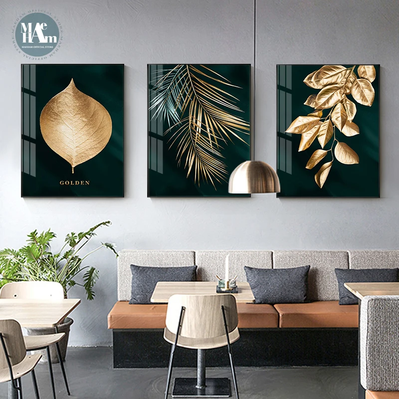 Скандинавский абстрактный холст с золотыми листьями художественные картины для
