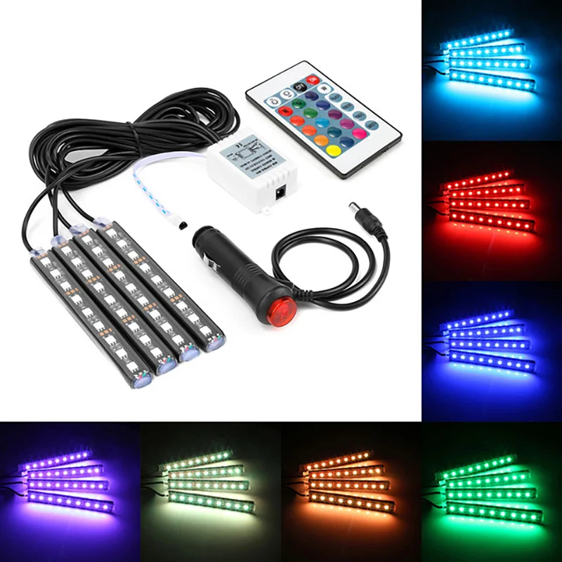 

RGB LED lamp for automobile, flexible color LED lamp, environment lamp kit, fog lamp with remote control, 4-piece set.