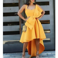 women sexy spaghetti strap dresses yellow big bow fit and flare pleated midi dress evening party fashion ladies dinner clothing