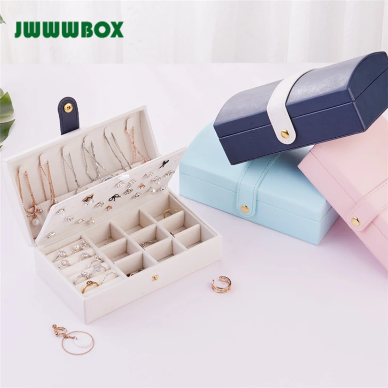 

JWWWBOX Jewelry Storage Box For Women Girls Double Layers Necklace Earrings Rings Jewelry Organizer Portable Travel Case Casket