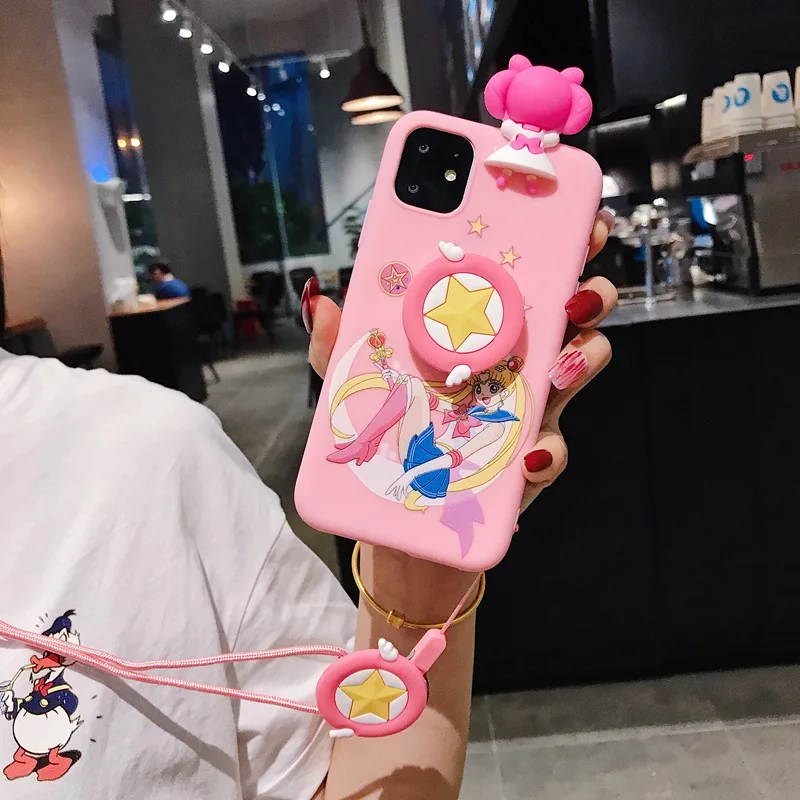 Милый мультяшный Сейлор Мун розовый чехол для телефона для iPhone 11 Pro X 8 7 6s Plus XS Max XR мягкий 3D кукольные игрушки стенд ремешок задняя крышка