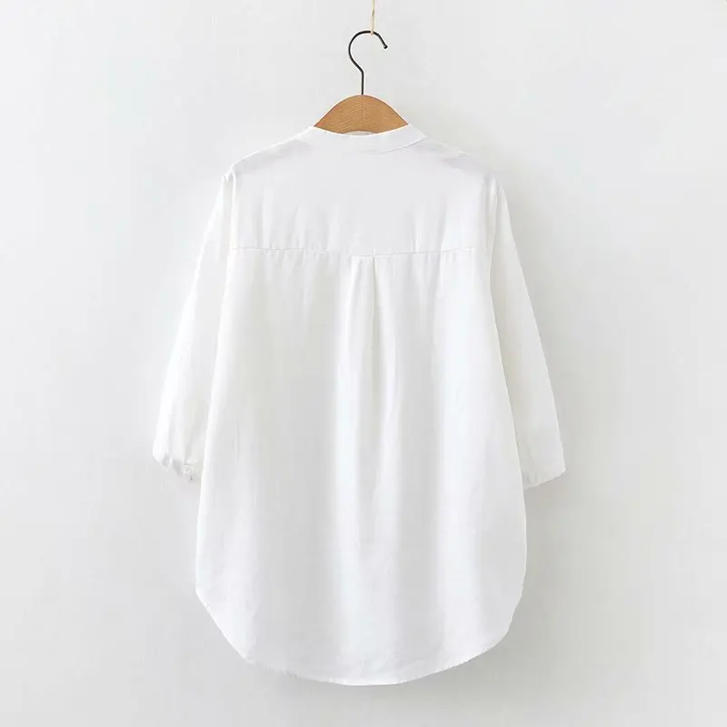 

Summer White Shirts Women Blouses Linen Loose Lady Tops V Neck Female Clothes One Pocket 2021 New Arrivals