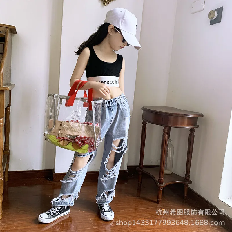 2020 summer new girl pants Hong Kong wind hole denim beggar foreign dad jeans | Мать и ребенок