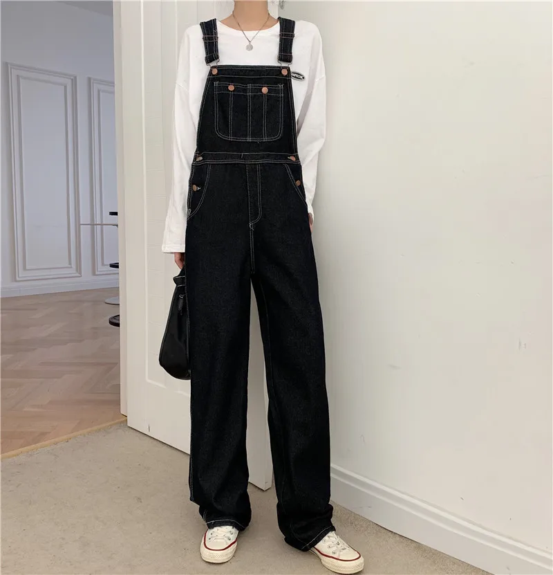 

Retro Girlfriends Denim Suspender Pants Women's Early Spring 2021 New Loose Korean Style Straight-Leg Pants Slimming and Wide