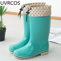 new women solid color mid calf rain boots pvc waterproof water shoes wellies comfortable non slip rubber keep warm rainboots