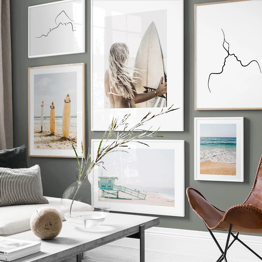 

Blue Beach Surfing Girl Line Body Wall Art Canvas Painting Landscape Nordic Posters And Prints Wall Pictures For Living Room