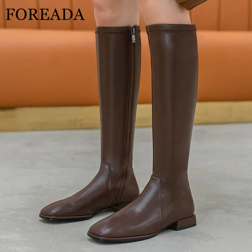 

FOREADA Real Leather Knee High Boots Woman Low Heel Riding Boots Block Heel Shoes Zip Square Toe Long Boots Lady Autumn Winter