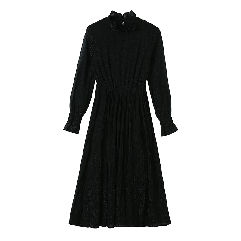 

Autumn Spring Runway 2021 Korean Elegant Dress Long Vintage Casual Party Dresses New Black Creamy-white Women Long Sleeve Dress