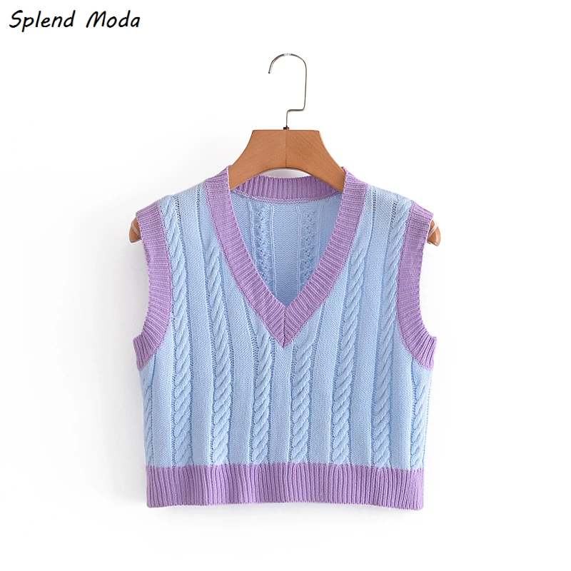 

Splend Moda 2021 Summer Preppy Style Sweet Contrasting Color Knitted Vest New Women V-Neck Sleeveless Tank Top Casual Chic