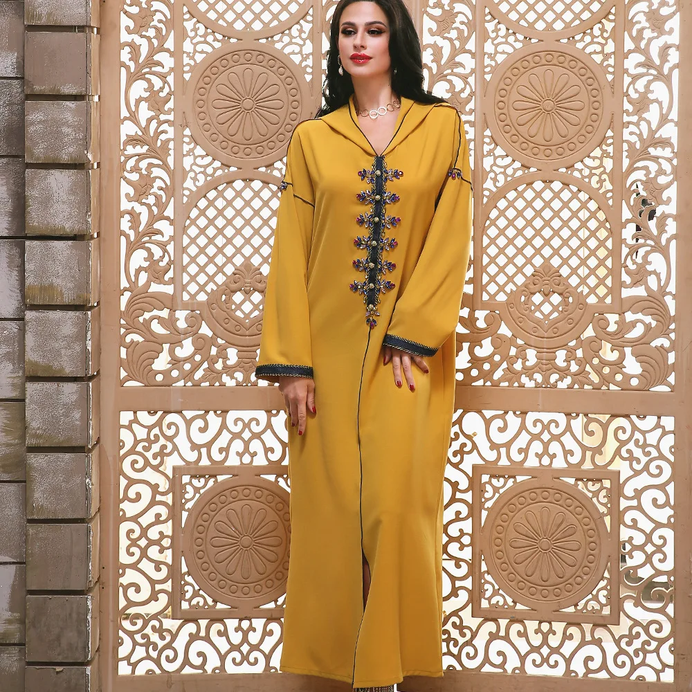 Дубай, Марокканское платье с капюшоном, ручная работа, цвет коричневый, абайя, желтое платье Рамадан