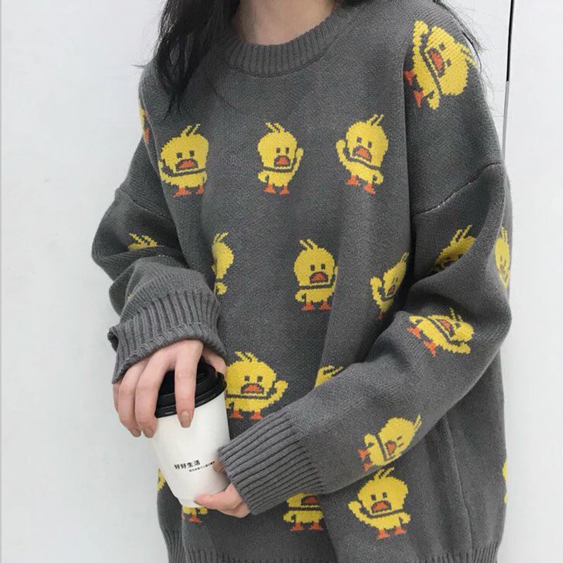 green apricot gray white black little yellow duck sweater o neck knitted pullovers long sleeve winter autumn M0075 | Женская одежда