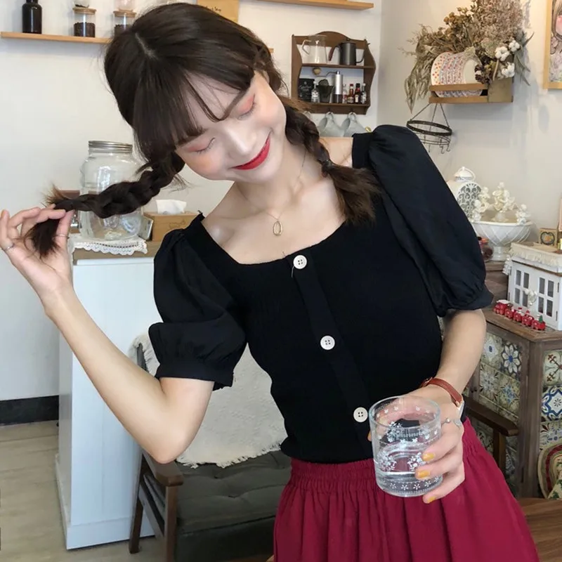 

Summer Tops Women's Square Collar Solid Color Puff Sleeve Knitted Short T-Shirts Hot
