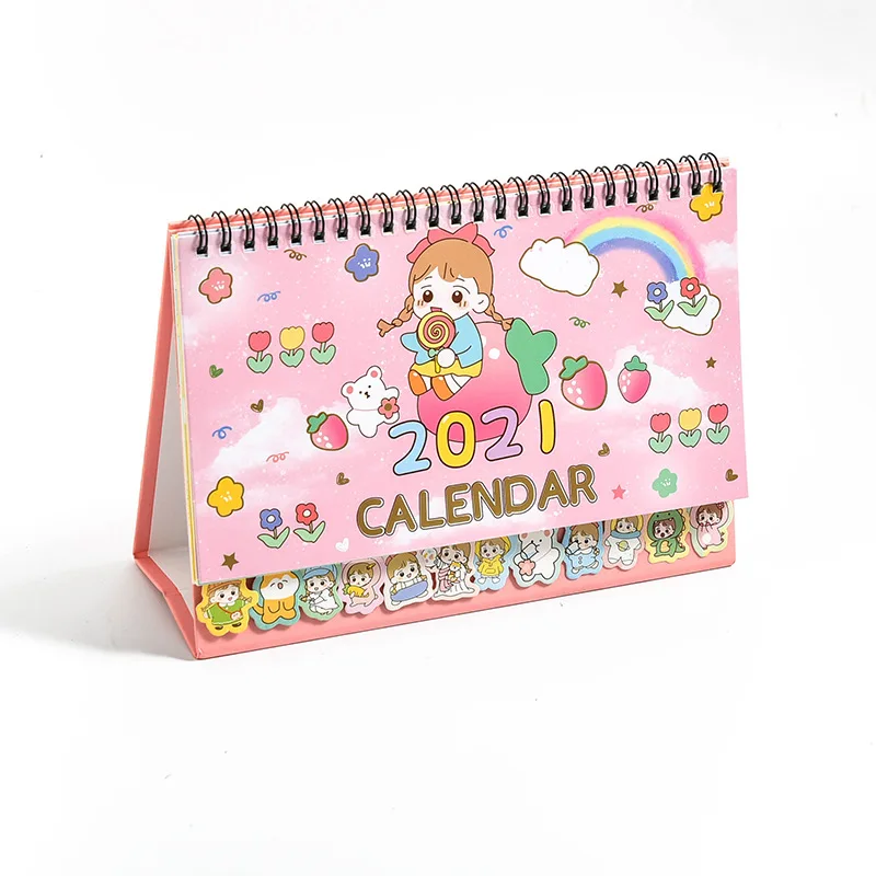 

2021 Cartoon Girl Desk Calendar Cute Flower and Rainbow Table Calendars Timetable Planner 2020.08-2021.12