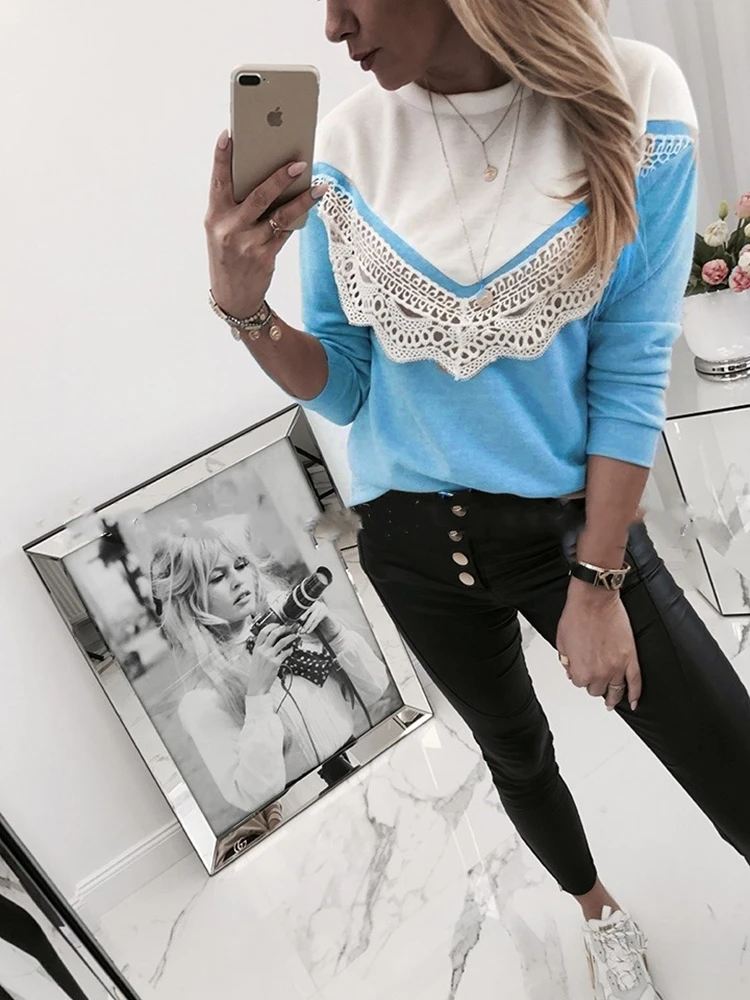 

2020 Autumn Womens Long Sleeve T-shirts Fashion Lace Patchwork Sexy Tshirts Top Casual Winter Warm O-neck Vintage Tee Shirt Tops