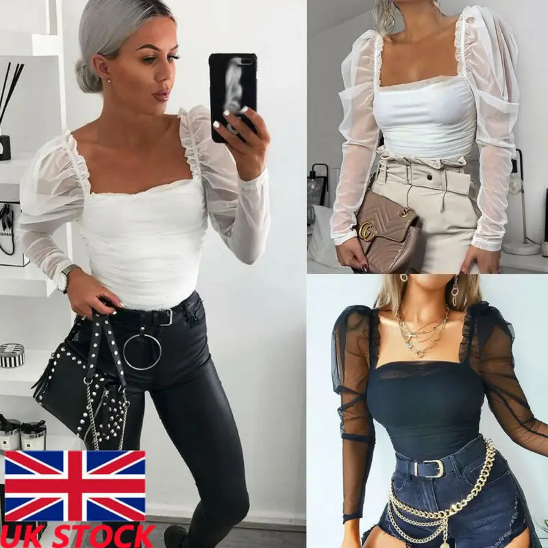 

Sexy Mesh See Through Perspective Lantern Long Sleeve Crop Tops 2019 Autumn Women Backless Patchwork Slim U-Neck T-Shirt Tees