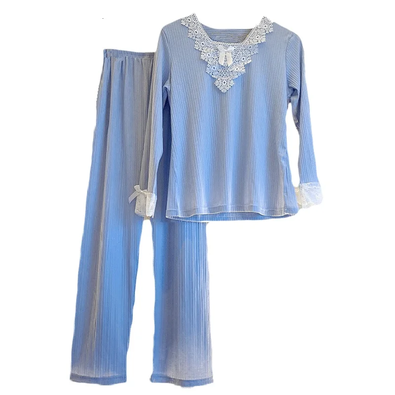 

2PCS Pullover Lace V-neck Pajamas Autumn Winter Women's Solid Cotton Long Sleeve Pajamas Set Sleepwear Set Soft Pajama Set