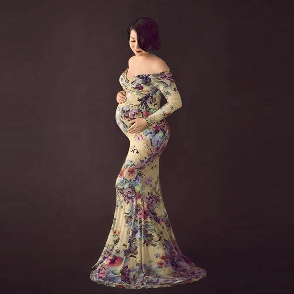 

Women Pregnants Photography Props Off Shoulder Long Sleeve Maternity Print Dress Maternity Print Dress Pregnant Women Dress Плат