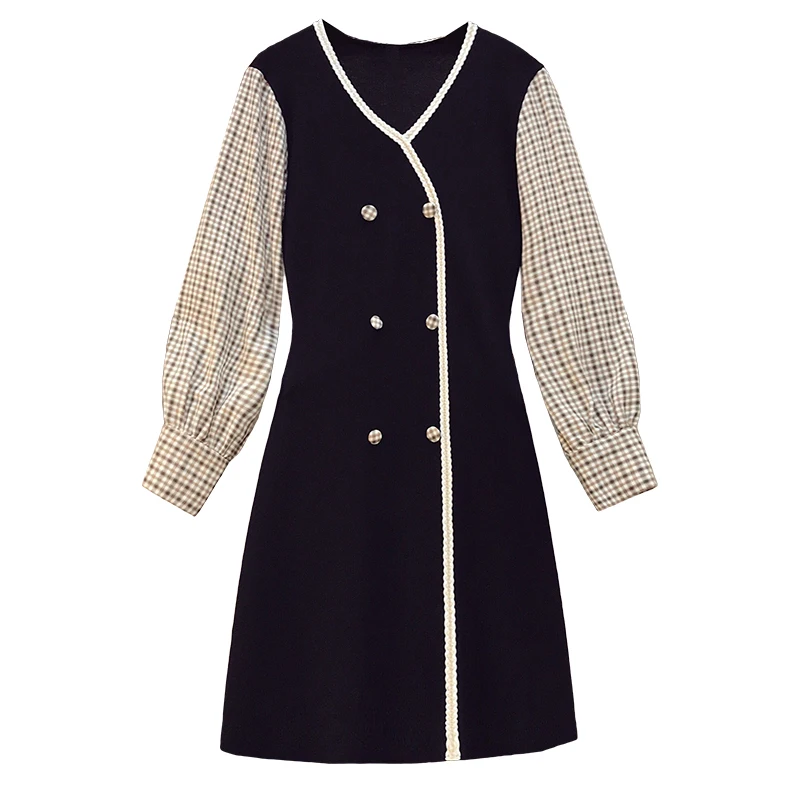 

L-4XL plus size women vintage sweater dress vestido 2020 loose casual long sleeve v neck plaid kint patchwork autumn dresses
