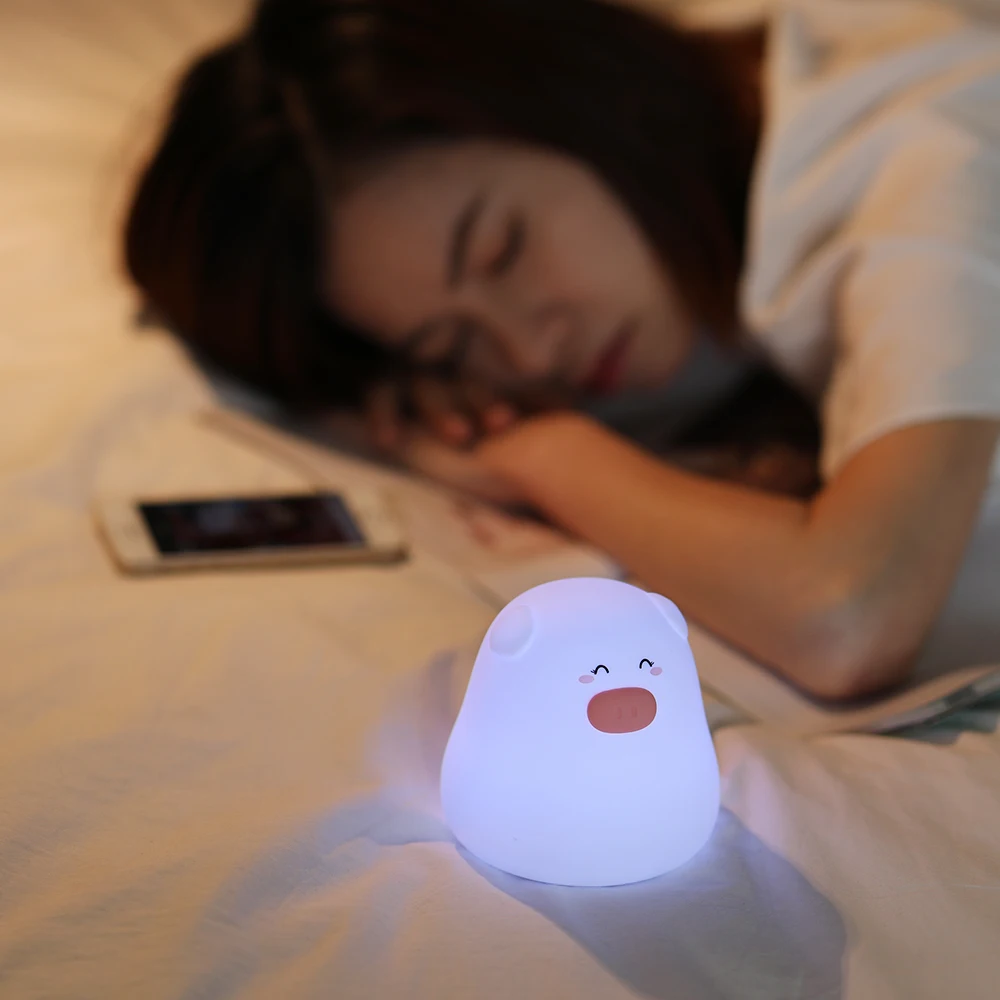 

Dropshipping LED Cute pig Cat Night Light 7 Colorful Battery Silicone Soft Kid Bedside sleepping light Baby Nursery Cartoon Lamp