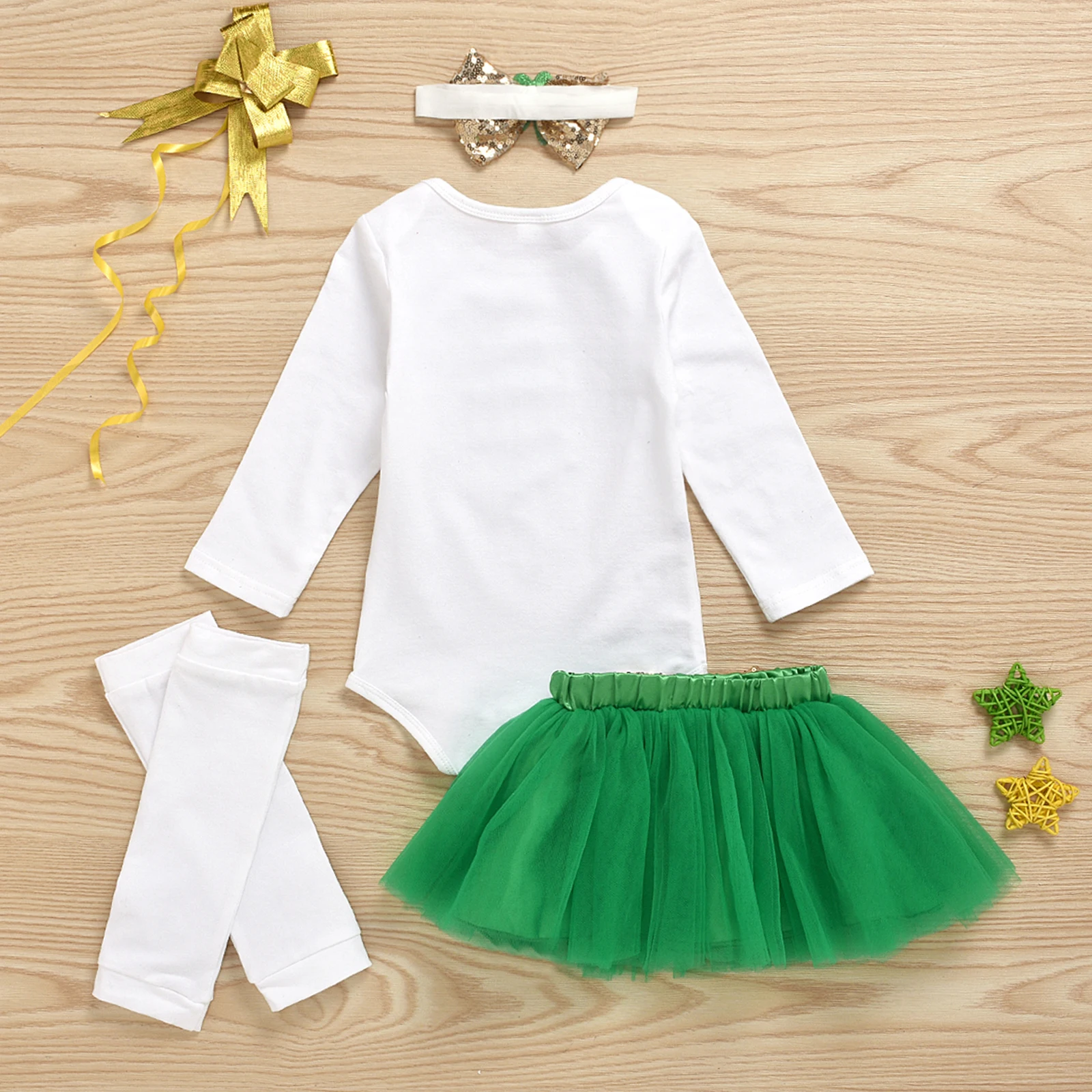 

2020 New 3-18M Toddler Baby Girl St. Patrick's Day 5Pcs Set Letter Print Clover Long Sleeve Bodysuit+Mesh Skirt+Bow+Leg Warmers