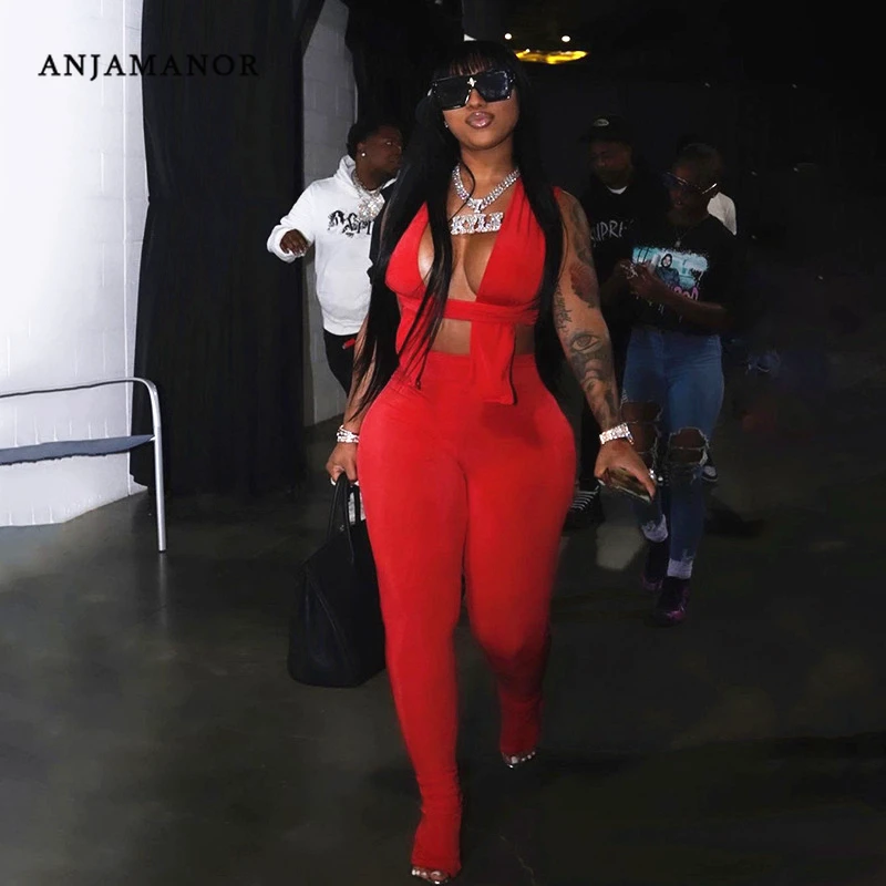 

ANJAMANOR Sexy Two Piece Set Women's Clothes Club Outfits Baddie Tops Leggings Sets Up and Down Wears for Ladies D87-CG42