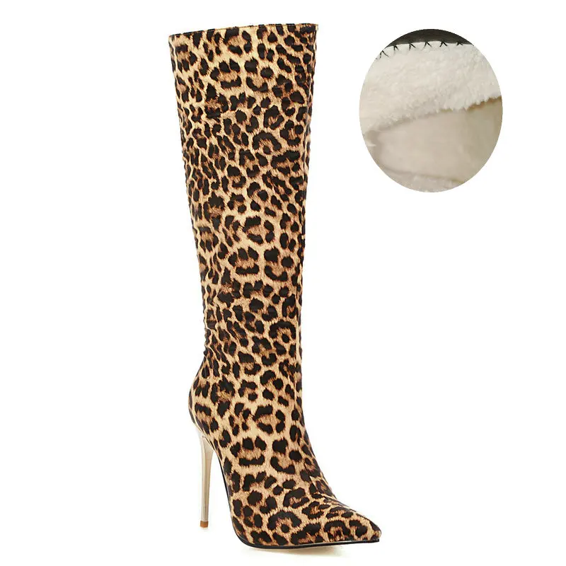 Leopard Winter Plush Модные сапоги до колена из искусственной кожи со змеиным принтом; женские высокие сапоги на высоком каблуке; осенние сапоги на молнии с острым носком; зимняя плюшевая обувь - Цвет: Leopard Winter Plush