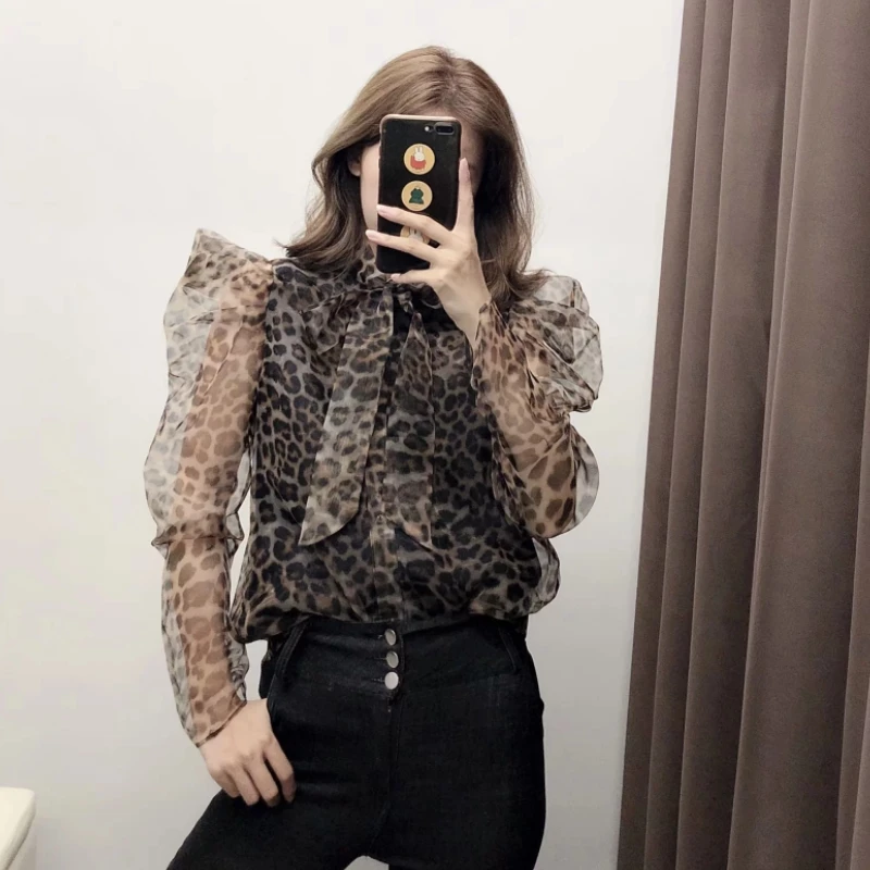 Женская блузка-кимоно из органзы с леопардовым принтом рукавом винтажный буф |