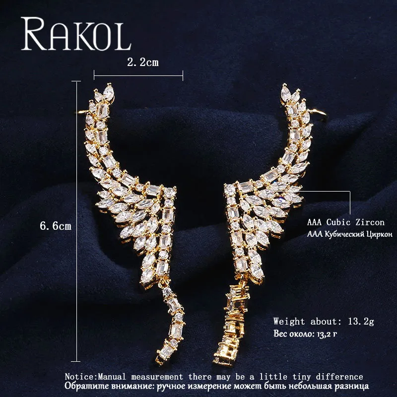 Роскошные длинные висячие серьги RAKOL с кубическим цирконием для женщин, серьги-манжеты из белого золота с кристаллами, вечерние ювелирные изделия
