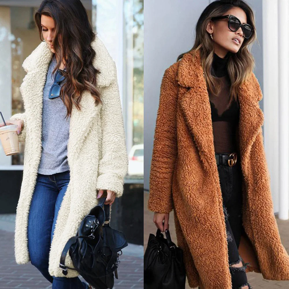 

Autumn and Winter Fashion Lapel Pocket Long Sleeve Faux Fur Women's Top Long Coat for Women Donsignet