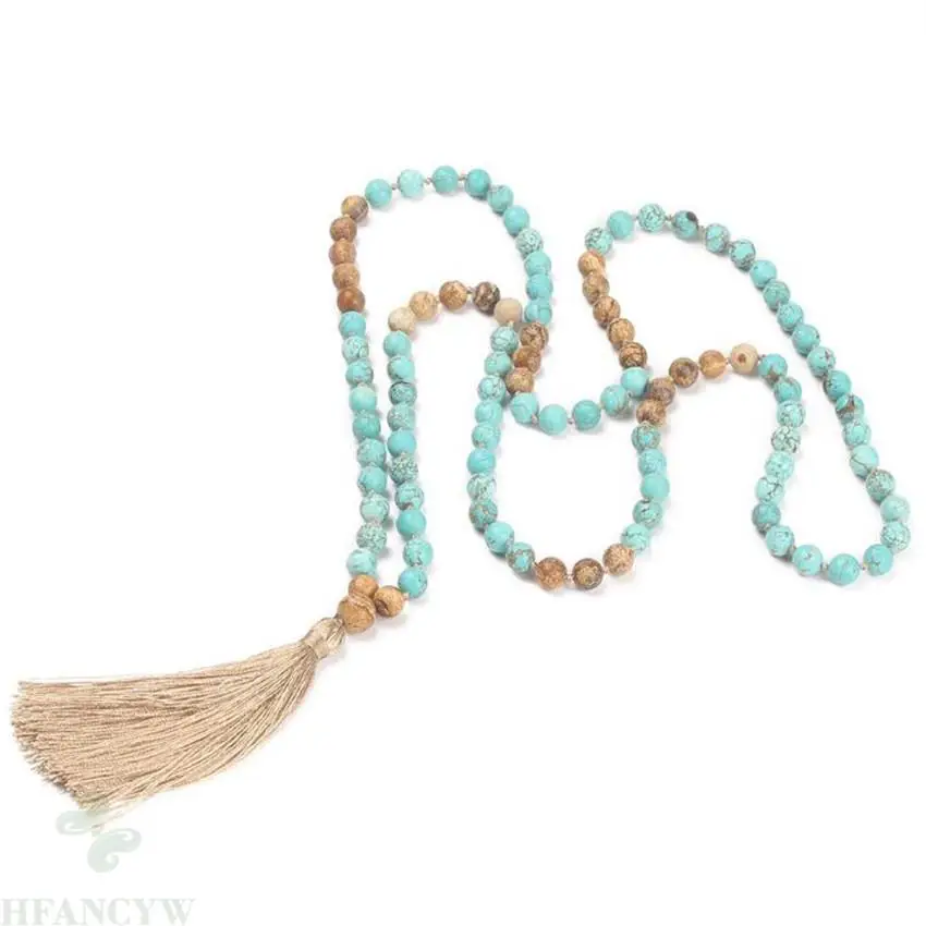 

8mm Turquoise Picture stone Gemstone 108 Tassel Mala Necklace Wrist new Wristband pray Handmade Buddhism Gemstone Tassel