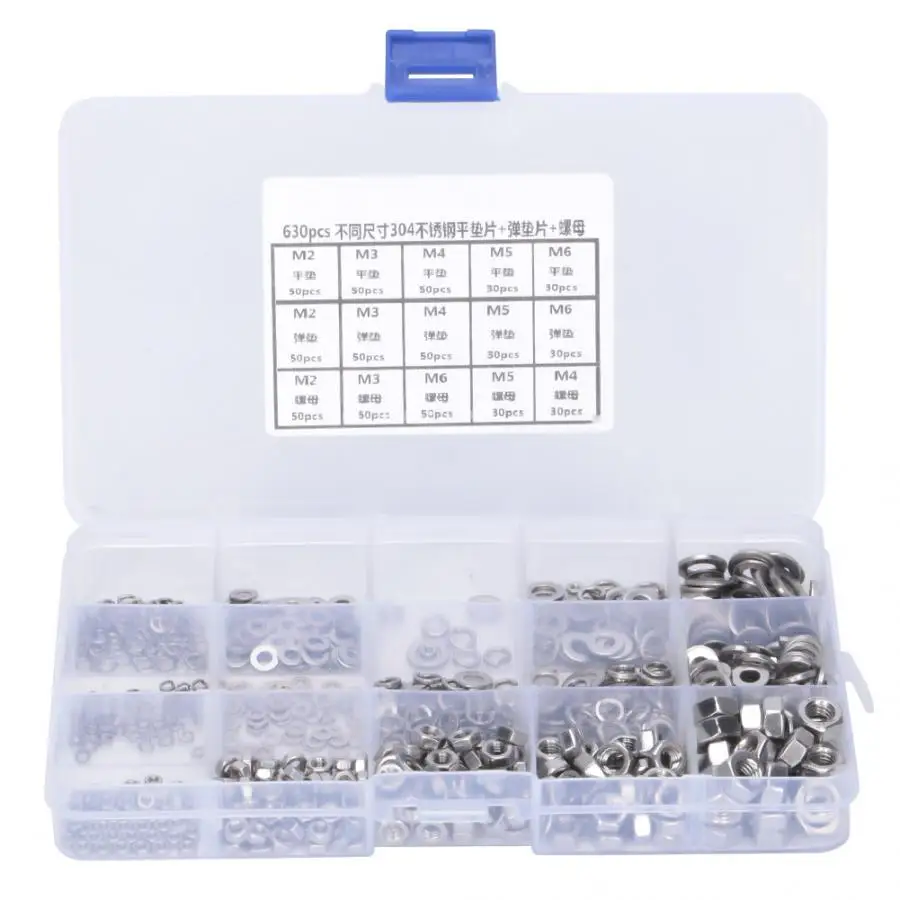

Seal Ring 630PCS Stainless Steel Flat Washer + Spring Gasket + Nut M2 M3 M4 M5 M6