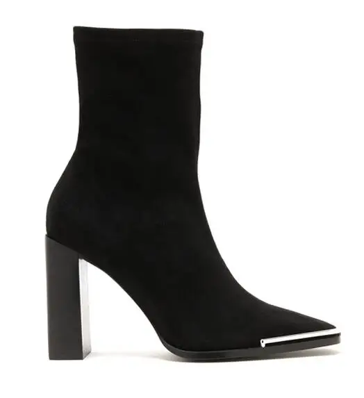

BONJEAN Winter Newest Metal Square Toe Thick Heels Woman Boots Black Suede Ankle Boots Fashion Runway Short Boots