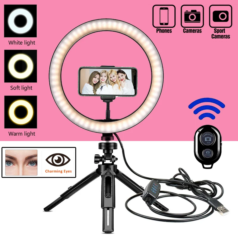 

Camera Phone Dimmable Ring Light Selfie Profissional Photography Lighting with Tripod Stand Makeup Photo Ring Lamp YouTube Live