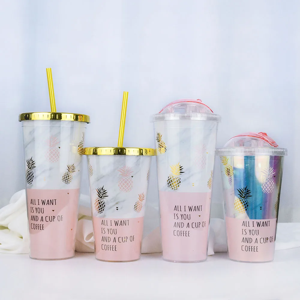Gold Plating Pineapple Mugs Plastic Double Layer Water Bottle With Straw Pink Travel Portable Juice Coffee Milk Cup Drinkware