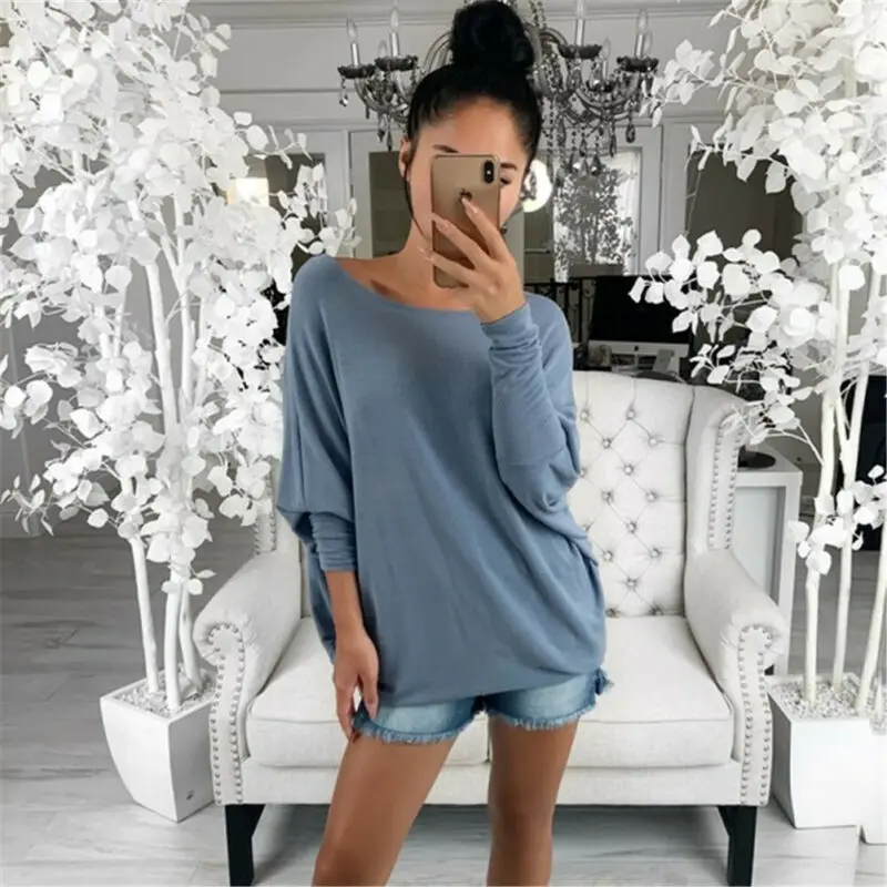 

Women Blouse Long Sleeve O-Neck Fashion New Ladies Off Shoulder Shirts Ladies Solid Loose Casual Top