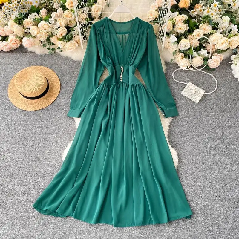 

French Vintage Women Dress Autumn Elegant Deep V Long Sleeve Solid A-line Dress Fashion Casual Romantic Holiday Dresses Robes