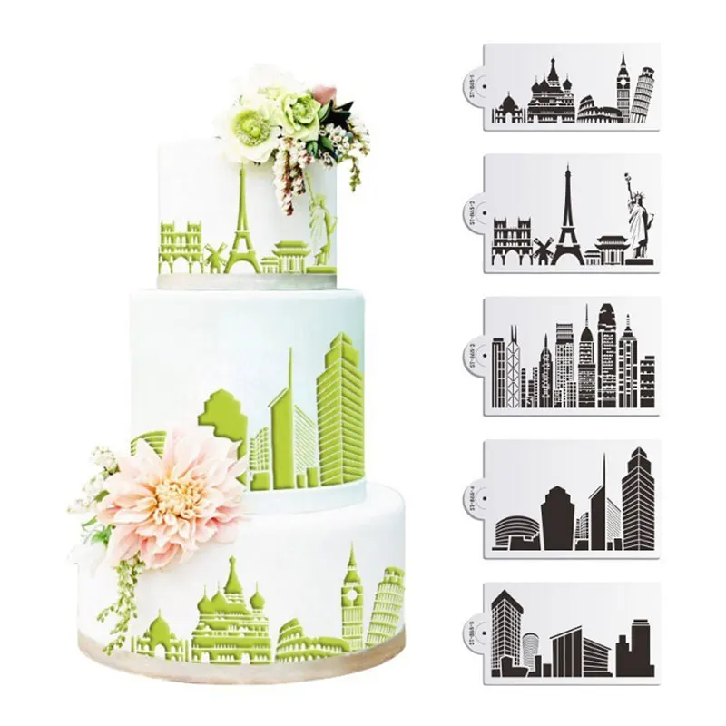 

5PCS/Set Buildings Cake Stencils Mousse MoldCoffee Cappuccino Template Baking Mould DIY Cake Fondant Pastry Tool Decorating Tool