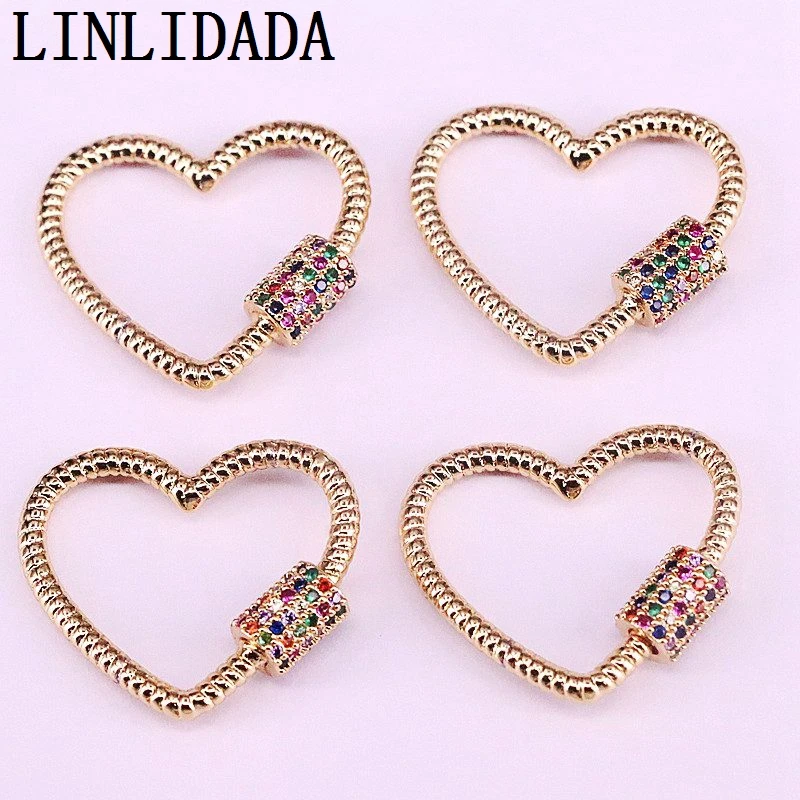 

6Pcs, 24x21mm Micro Pave Colourful CZ Heart Shaped Clasp Lock Carabiner Pave Lock Jewelry Findings
