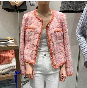 Женская короткая твидовая куртка, черный, белый, розовый кардиган с одной грудью, элегантная винтажная верхняя одежда, осень-зима