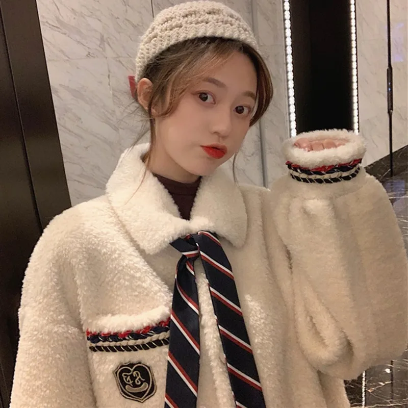 

Imitation Lamb Fur Waitmore Autumn And Winter Soft Girls Color Matching Plus Velvet Thickened Necktie Coat Women Loose Jacket