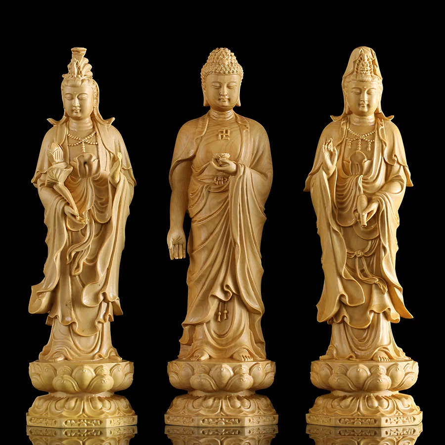 

3 Buddhas Гаутама Гуаньинь 20/25 см китайские фигурки из плотного дерева Богатство Бог Будда Статуя Бога для дома